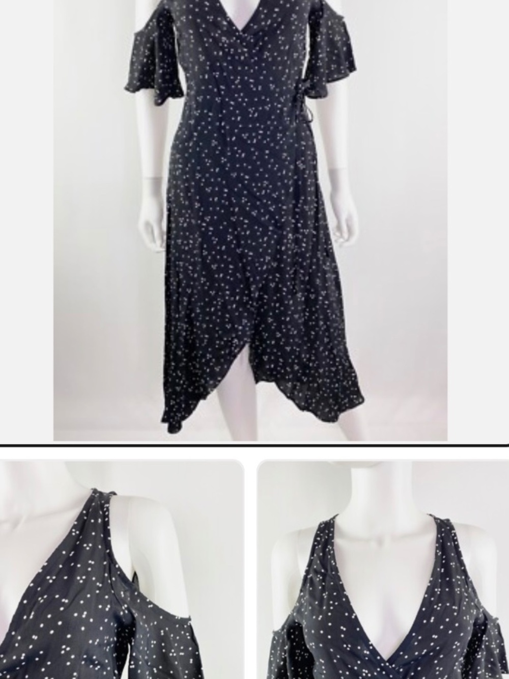 Flynn Skye DEVON Black Polka Dot Stardust Cold Shoulder Wrap Dress Womens